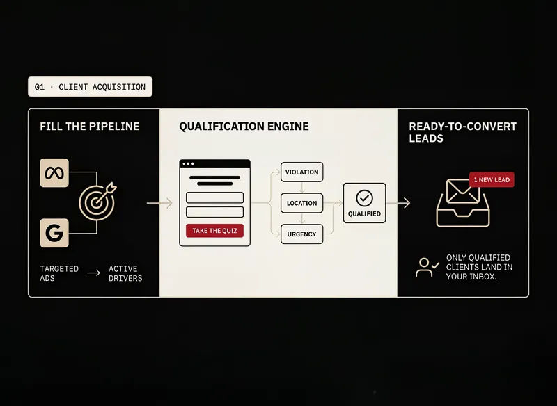 Client acquisition pipeline: targeted ads, qualification quiz, ready-to-convert leads